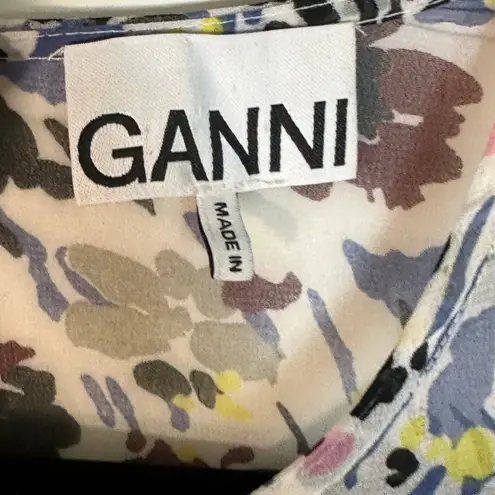 Ganni Floral Plisse Pleated Georgette Mini Dress in Ivory Floral