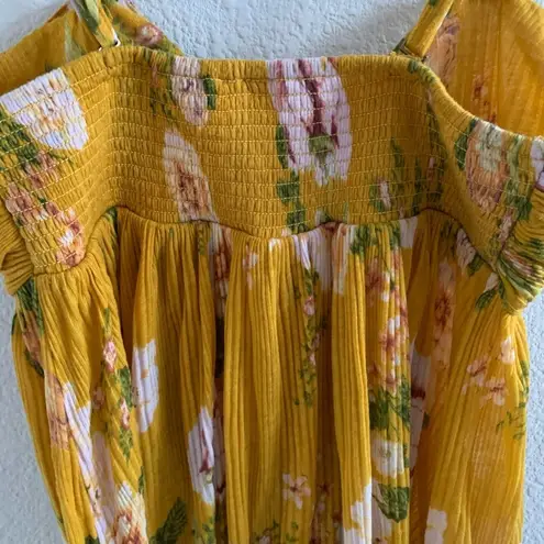 Free People  Baby Doll Hi-Low Floral Tunic Boho Mustard Gold Yellow Small