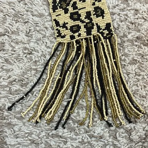 Heavy Fully Beaded Cheetah Printed Belt with Beaded Tassels Black