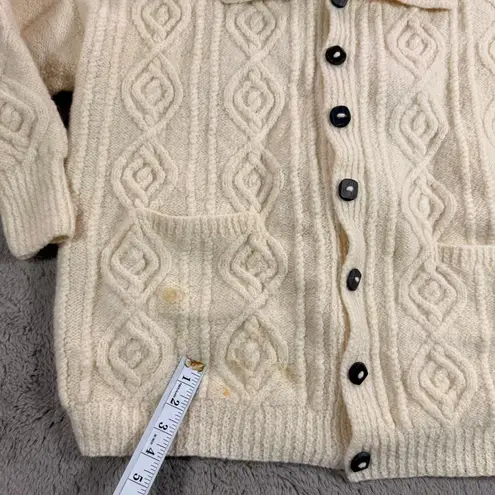 Hand Knit Wool Cable Knit Cardigan L Sweater Cleo Ireland Cream Fisherman Chunky Size L