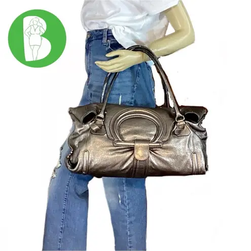 Salvatore Ferragamo METALLIC SILVER/BRONZE LEATHER FOLD OVER SHOULDER BAG