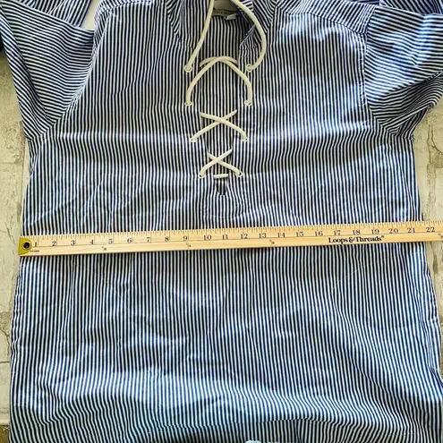 Free Assembly Oversized Striped Lace Up Cotton Hooded Blouse Top Sz S Blue