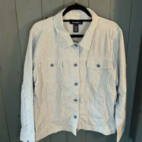 QVC Denim & Co. Light Blue & White Striped Seersucker Jacket | Women’s Sz XL