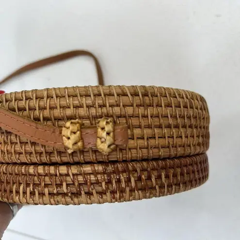 Wicker Crossbody Bag Natural Rattan Round With Canvas Lining Leather Strap thumbnail 6