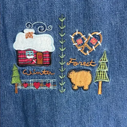 Bobbie Brooks Blue Denim Jumper Dress Embroidery Plaid Gingham Sz L Grandmacore Size L