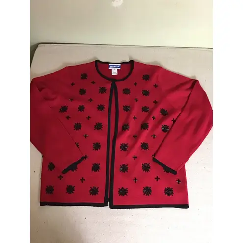Pendleton Women Vtg 2 pc. Holiday Sweater Set Sz.Med. Red Beaded with black Trim - Image 6