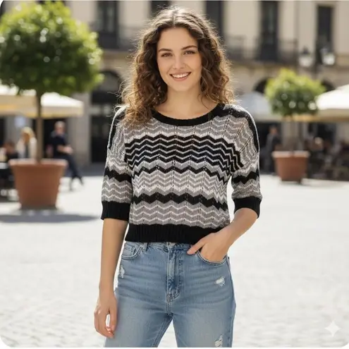 Atlast Sweater Womens Small Black Gray Chevron Open Knit Cropped Short Sleeve