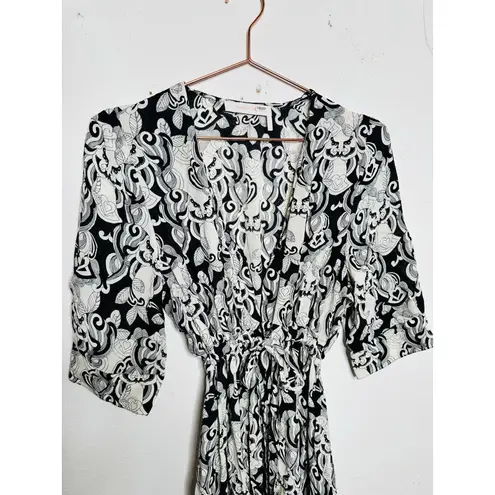 See By Chloe Black White Tie Front Midi V-Neck Long Sleeve Dress size 42 US 10
