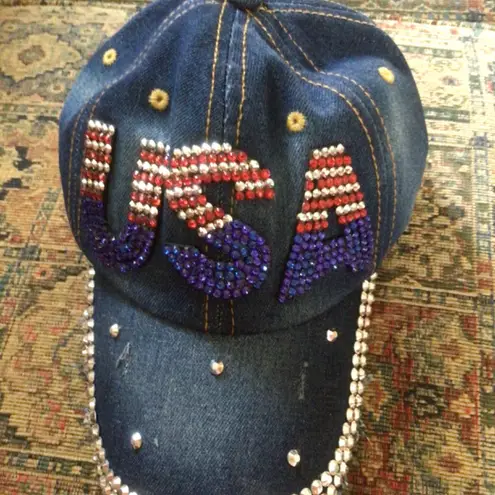 Womens Patriotic Bling Medium Wash Denim Trucker Hat Blue