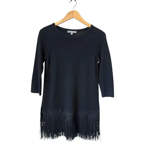 Neiman Marcus Black Cashmere 3/4 Sleeve Fringe Tunic Sweater