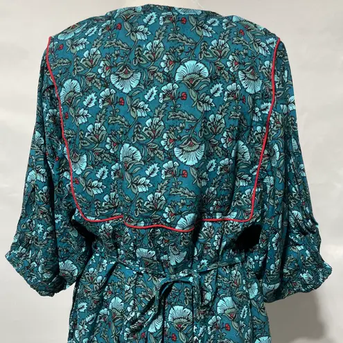 Band Of The Free New Floral Print Tassel Tie Babydoll Mini Dress Teal Size Small