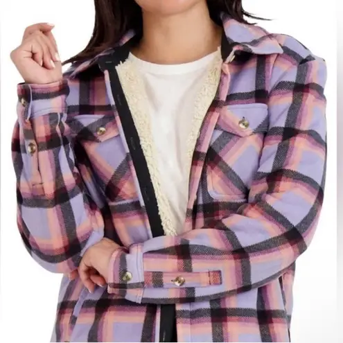 SAGE Collective Purple Plaid Sherpa Shacket Button Front Size L Size L