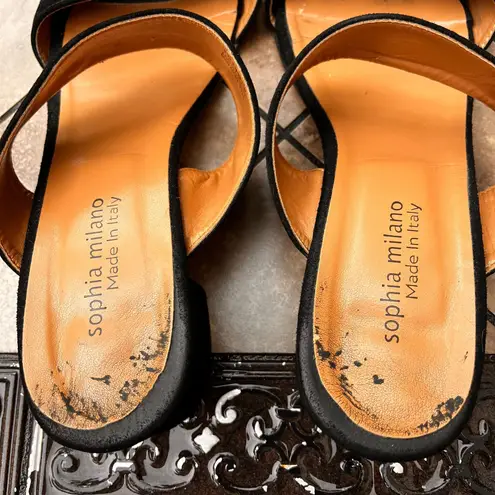 Sophia Milano 9 Black Suede Block Heel Leather Women's Sandals Made In Italy Italian Summer Shoes