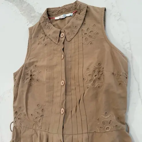 Boden Sleeveless Eyelet Button Front Cottagecore Midi Dress Womens 2R Tan Preppy Size 2