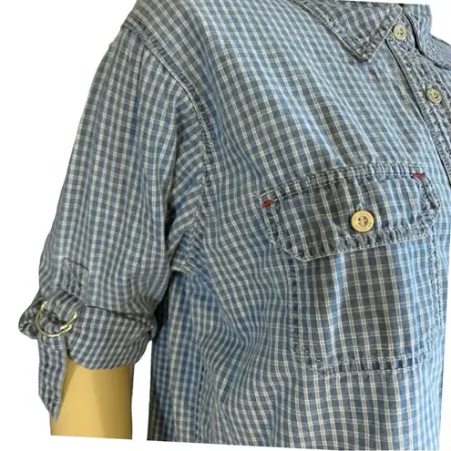 Gloria Vanderbilt VINTAGE 1990'S BLUE DENIM COTTON W/GRID PATTERN TOP (XL)