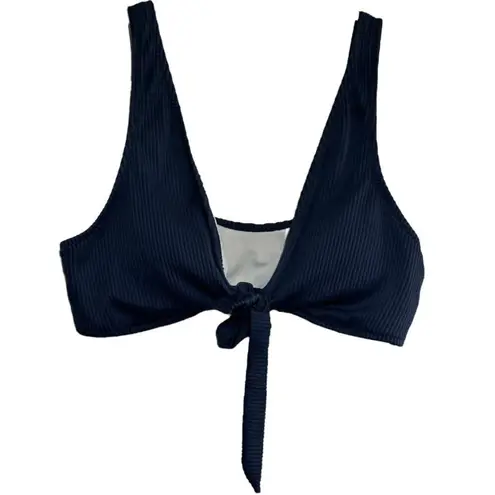 Cupshe  Deep Love Solid Bikini Top Swimwear V-Neck Ribbed Tie Front Navy Blue M