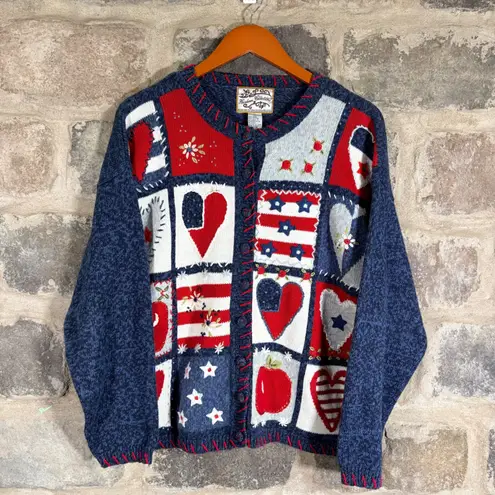 VTG Heirloom Collectibles Patriotic Patchwork Cardigan Sweater L Red White Blue Size L