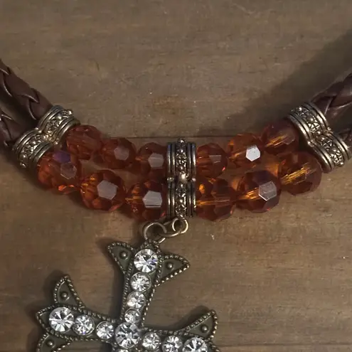 Bijoux Terner beaded leather rope cross pendant necklace