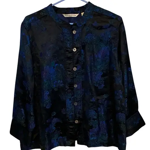 French Laundry black satin blue Florals embroidered Asian Blazer jacket