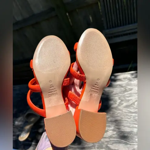 Schutz New Olly Mid Block Nappa Bright Orange Leather Sandal size 5.5