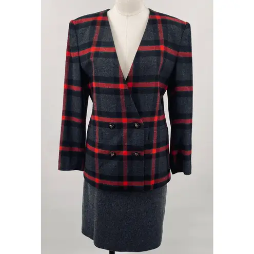 Vintage 80s 90s Wool Plaid Skirt Suit Collarless Blazer Pencil Skirt Gray Red XS
