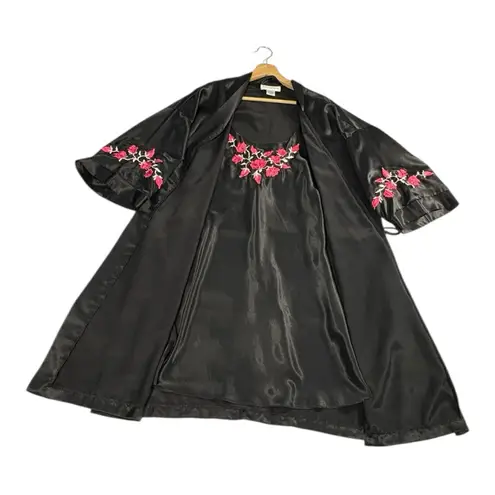Y2K Bali Studio Slip Dress & Robe Womens Large Black Rose Embroidered Whimsigoth