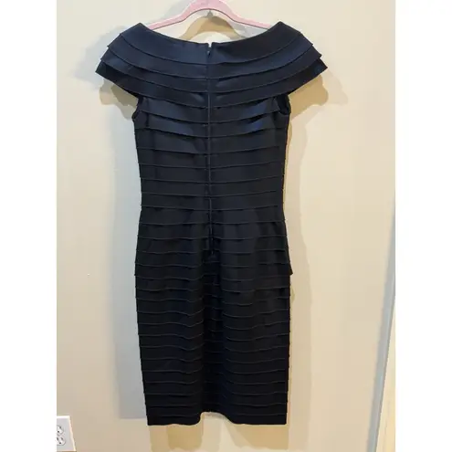 Tadashi Shoji Rosette Tiered Bandage Pleated Navy Blue Dress SIZE 2