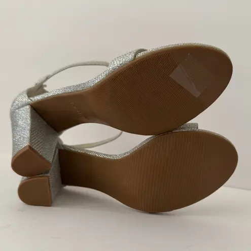 Top Moda Silver Glitter Block Heels Size 10 Ankle Strap Sparkly Heeled Sandals Metallic