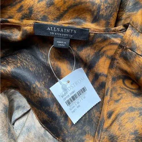 ALLSAINTS NWT Penny Grizedale Cat Print Silk Blouse Copper Black Size 0 | XS NEW