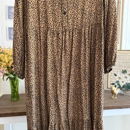 Neutral Animal Print Midi Dress Modest Leopard Collared Tiered Boho Flowy Large Brown