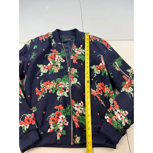 Zara Basic Floral Bomber Jacket Size XS Navy Blue Orange Green Flowers