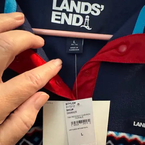 Lands' End New Womens Heritage Fleece Snap Red Navy Chevron Fairisle L 14/16 Size L