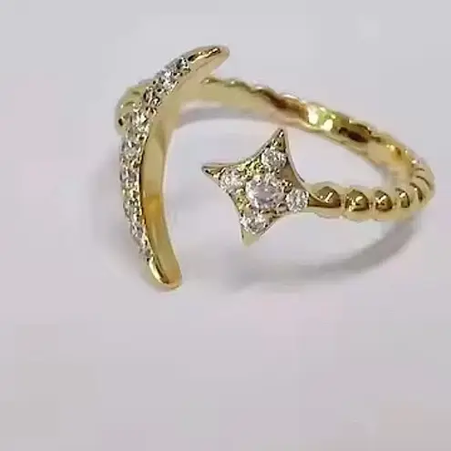 Boutique NEW Gold Plated S925 Crescent Moon and Star Simulated Diamond Ring, Adjustable