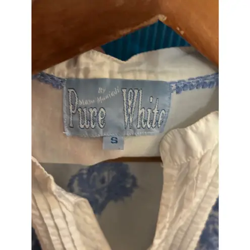 Women's Pure White Tunic Top Size S White Blue Embroidered Cotton
