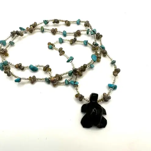 Turquoise and shell wood turtle long pendant necklace