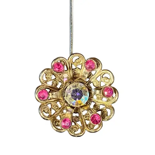 Vintage 60s Gold Tone AB Pink Rhinestone 3D Flower Stick Pin Retro Brooch 3.5”