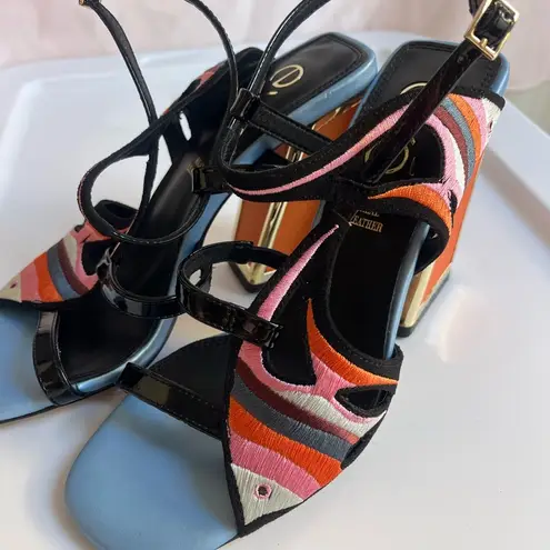 Black and Pink Modern Heels with Geometric Straps Size 8