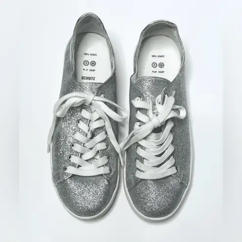 Schutz Sanjay Silver Glitter Sneakers Tennis Shoe Size 8
