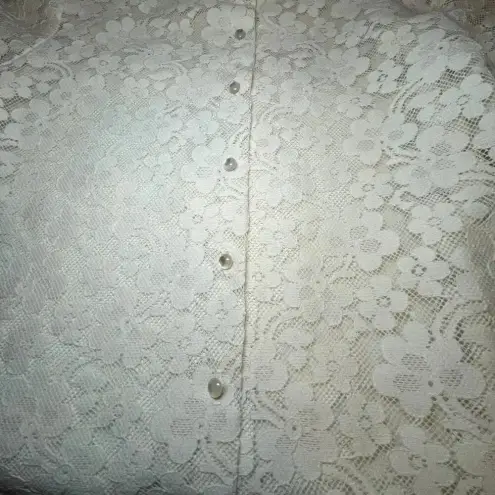 Vintage Sunny South Dallas Lace Blouse 80s Sheer Floral Ruffle Pearl Button Sz 8