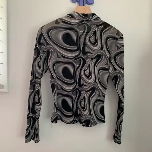 90s Y2K Swirl Marble Button Up Sleeve Shirt Grey Black Groovy 70s Small/Medium