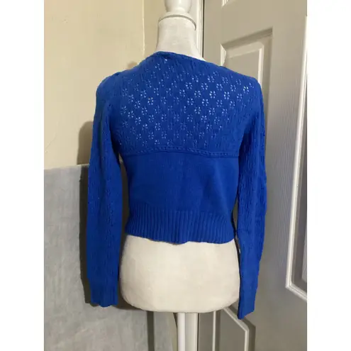 Knitted & Knotted Blue Crochet Knit Puff Sleeve Cropped Cardigan Sweater Womens