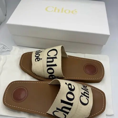 Chloé Chloe Woody Logo Flat Slide Sandals White Size 8