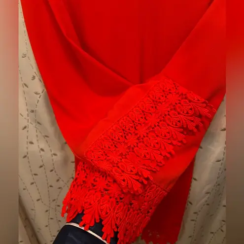 C. Luce Midi Dress, Crochet Lace, 3/4 Bell Sleeve, V-neck, Belt, Poppy, Sz L