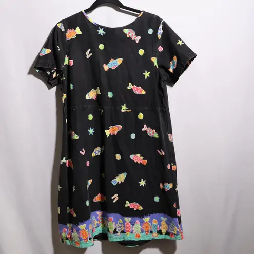 VTG Black Fish Dress USA Made Square Neck Retro 80s 90s Teacher Cotton Beach L Size L