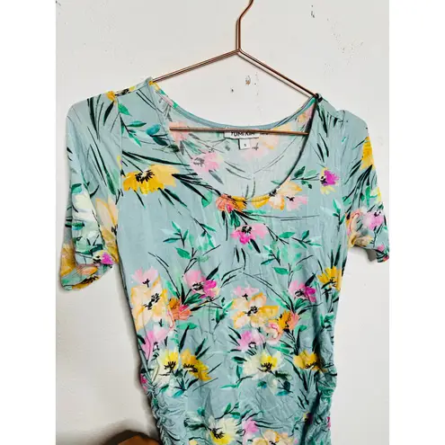 Yumi Kim Blue Floral Printed Mini Short Sleeve Scoop Maternity Dress sz S