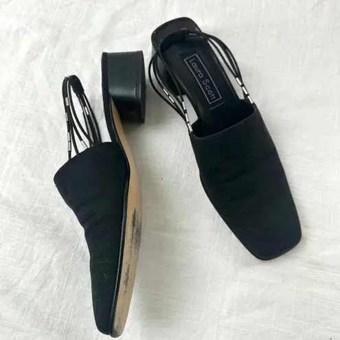 Laura Scott Vintage 90s Black Mule Slingback Heels Block Heel Square Toe 8.5M