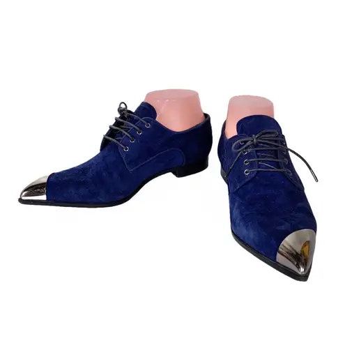 Miu Miu BLUE SUEDE LOAFER WITH SILVER METAL TIPPED TOE (36)