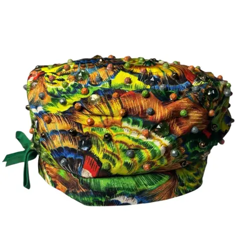 Vintage Patrice Beaded Jeweled Pillbox Hat Peacock Print Union Made USA 60s Green