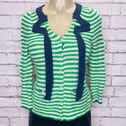 Anthropologie  HWR Womens Multi Color Striped Puff Sleeve Navy Tie Cardigan Small