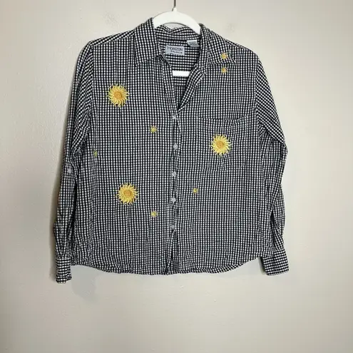 Women's Vintage Button Up Gingham Plaid Sun Flower Embroidery Boho Preppy Retro White Size M - Image 3